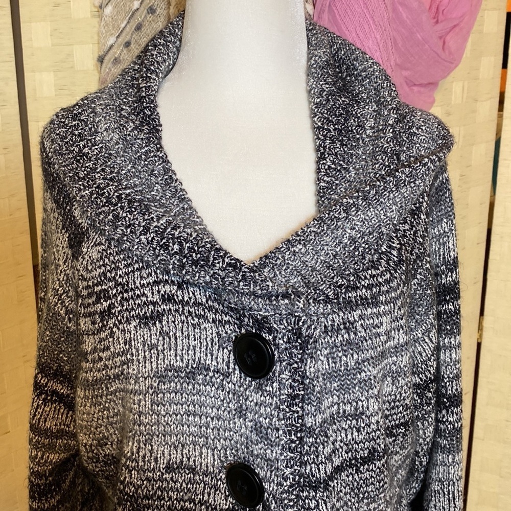 STYLE & CO XL CARDIGAN SWEATER BLACK WHITE W/ SILVER METALLIC THREAD Par…